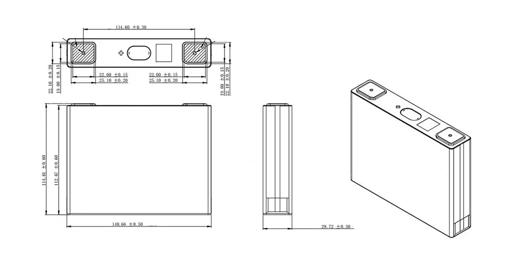 Dimensioni cella batteria LFP REPT CB29148112EA 3,2 V 54 Ah